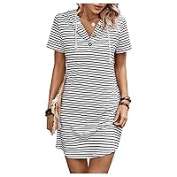 Women's Short Sleeve Striped Drawstring Hooded Dresses Casual Button Front T Shirt Dress