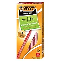 BIC Round Stic Xtra Life Ballpoint Pens, Medium Point (1.0mm), Red, 12-Count Pack, Stick Pens for Office Supplies (GSM11-RED)