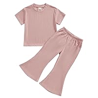 Twopumpkin Toddler Girl Outfits Little Girl Summer Clothes Short Sleeve Ribbed T Shirts Top + Bell Bottoms Baisc Clothing Set