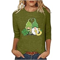 St Patricks Day Summer Tops for Women Green Shamrock Gnome Print Tunic 3/4 Sleeve O-Neck Shirts Loose Fit Blouses