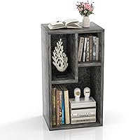 VECELO 3-Cube Open Bookcase, Small Bookshelf with Height Difference Shelves for Most Books, Horizontal Available, 2-Tier Storage Organizer for Home Office, Living Room, Grey