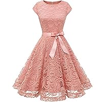Womens Retro Elegant Cocktail Dress Short Sleeve Modest Lace Homecoming Dresses Midi A-Line Swing Evening Party Dress