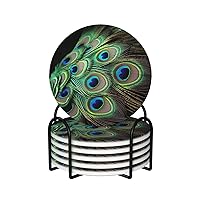 Coaster for Drink Ceramics Coaster Set of 6 Heat Resistant Drink Coasters with Holder Green Peacock Feather Coffee Cup Mat Tabletop Protection Cup Pad Round Coasters for Kitchen