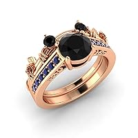 1.5ct Black Simulated Diamond & CZ Blue Sapphire 2pcs 14K Rose Gold Finish Classic Look Mickey Mouse Engagement Ring Bridal Set