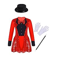 Kids Girls Circus Ringmaster Costumes Shiny Sequins Tutu Dress Leotard Tuxedo Tailcoat Halloween Magician Costume