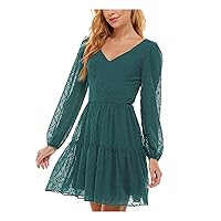 Womens Teal Sheer Cut Out Tie Back Lined Balloon Sleeve V Neck Above The Knee Party Fit + Flare Dress Juniors M
