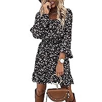 EFOFEI Women's Floral Low-Neck Dress Waist Frill Dress Cute Long Sleeve Dress