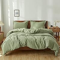 Simple&Opulence 100% Linen Duvet Cover Set with Washed-French Flax-3 Pieces Solid Color Basic Style Bedding Set + 100% Belgian Linen Pillow Shams -Set of 2 (King, Sage Green)