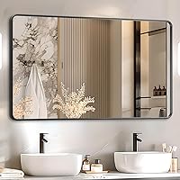 Bathroom Mirror 48x30 inch, Black Metal Deep Frame Wall Mirror, Modern Round Corner Rectangular Bathroom Vanity Mirror, Suitable for Bathroom, Bedroom, Living Room (Horizontal/Vertical)