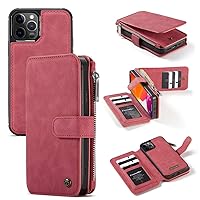 Phone flip case Wallet Case Compatible with iPhone 12 Pro 6.1 inch 2 in 1 Leather Zipper Detachable Magnetic 14 Card Slots,Clutch Bag Leather Wallet Holster case with card holder ( Color : Vermelho )