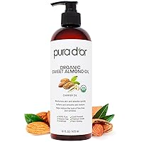 PURA D'OR 100% Pure 16Oz Organic Sweet Almond Oil - USDA Certified Massage Oil For Massage Therapy - Hexane Free Cold Pressed Body Oil After Shower - DIY Facial, Skin, & Stretch Mark Oil