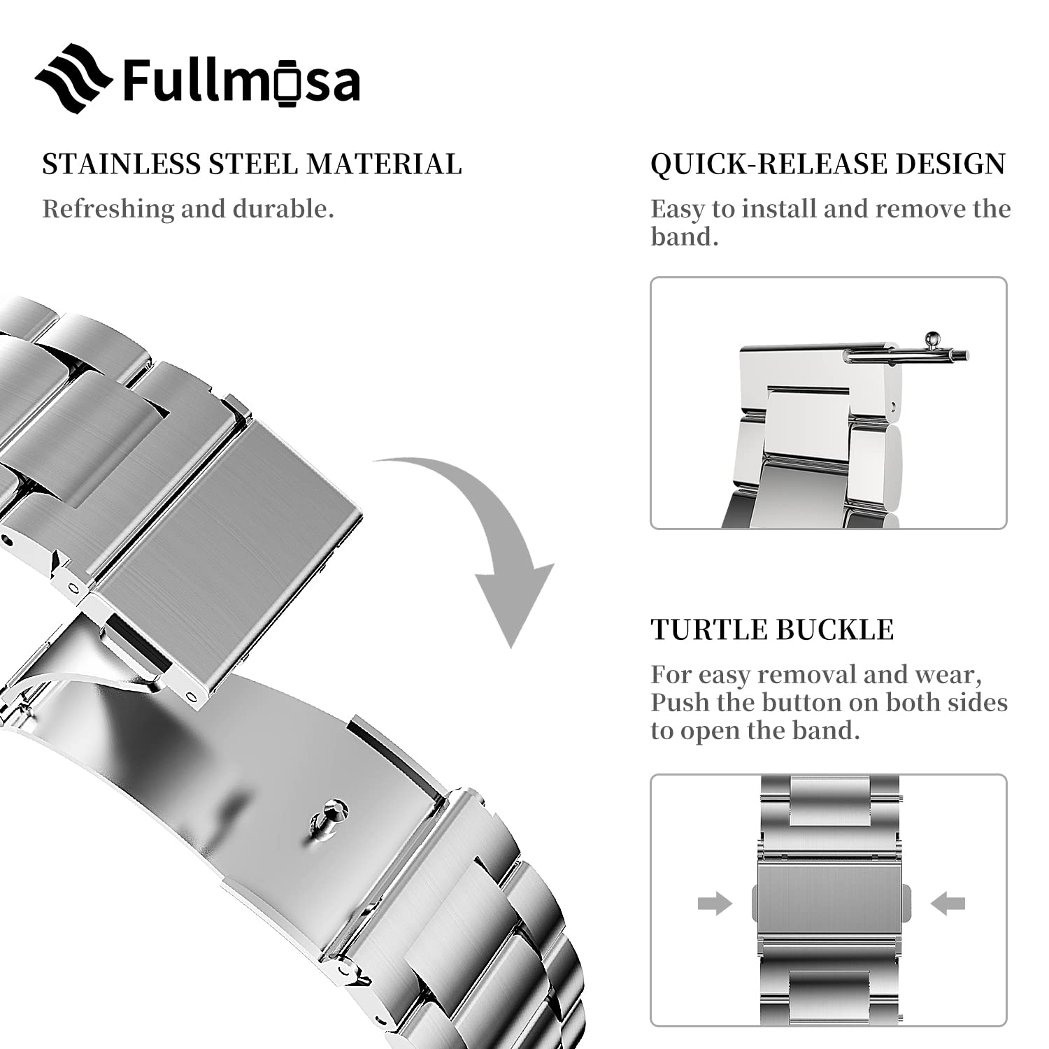 Fullmosa Quick Release Watch band, Stainless Steel Watch strap 16mm, 18mm, 19mm, 20mm, 22mm or 24mm, Fits Samsung Galaxy Watch 6/5/4/3,Garmin Watch,Huawei Watch for Men Women
