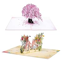 Paper Love Pop Up Cards 2 Pack - Includes 1 Cherry Blossom and 1 Spring Flower Bike, For All Occasions, Mother Day, Birthday, Just Because- Includes Envelope and Note Tag