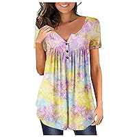 Henley Shirts for Women Short Sleeve Pleated V Neck Button Down Tops 2024 Summer Casual Gradient Color T Shirts