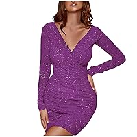 Womens Mesh Long Sleeve Mini Dress Glitter Wrap Ruched V Neck Bodycon Slim Fit Cocktail Party Club Dresses