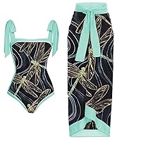Women One Piece Swimsuit with Matching Cover Ups Floral Sexy Bikini Sets Tummy Control Swimsuit with Bikini Maxi Wrap Skirt