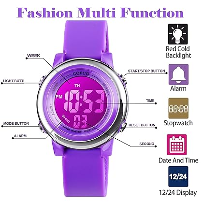 cofuo Kids Digital Sport Waterproof Watch for Girls Boys, Kid Sports Outdoor LED Electrical Watches with Luminous Alarm Stopwatch Child Wristwatch