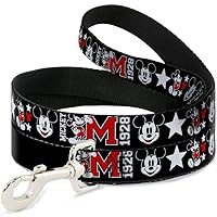 Buckle-Down Dog Leash Classic Mickey Mouse 1928 Collage Black White Red 4 Feet Long 1.0 Inch Wide (DL-WDY159)