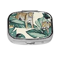Leopard and Palm Leaves Print Pill Box Square Metal Pill Case with 2 Compartment Portable Travel Pillbox Cute Mini Medicine Organizer for Pocket Purse