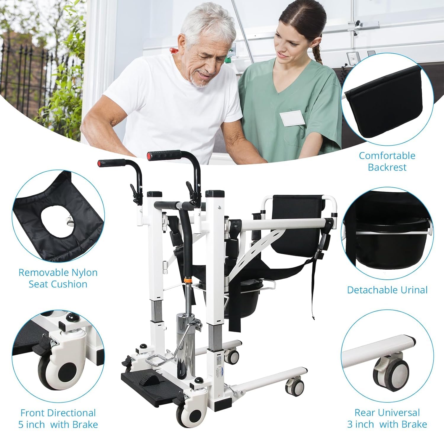 Patient Lift Transfer Chair,KIMORE Hoyer Lifts for Home Use,Hydraulic Patient Lift Transfer Chair, Bathroom Wheelchair with 180° Split Seat and Potty, Portable Elderly Lift aid Bedside Commode Chair