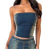 Womens Fashion Sexy Denim Corset Top Skinny Casual Strapless Studded Tube Crop Tops