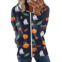 Zip Up Hoodies For Women Halloween Oversized Color Block Pumpkin Print Sweatshirt Casual Workout Jacket With Pocket