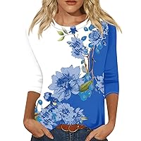 Tshirt for Women Petite Shirts for Women Summer Blouses Plus Size Womens Summer Fashion Women Western Dress 3/4 Sleeve Round Neck Shirts Print Graphic Tees Blouses Tops Sky Blue Medium