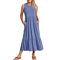 ANRABESS Women Summer Casual Sleeveless Crewneck Sundress Aline Flowy Tiered Maxi Long Beach Dress Vacation Outfits XX-Large Grey Blue