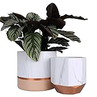 LA JOLIE MUSE White Ceramic Flower Pots - 6.7 + 5.4 Inch Indoor Planters, Plant Containers in a Marble Ink Pattern with Rose Gold and Pink Detailing