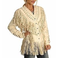 Native Traditional American Western Women's Cowhide Leather Jacket with Fringe and Bone (Free Express Shipping)