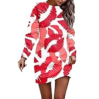Women's Valentines Outfits Long Sleeve Dress Casual Christmas Printed Pullover Hip Pack Dress Sweater, S-3XL
