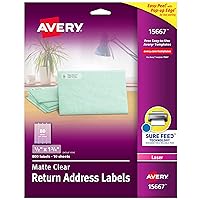 Avery Matte Clear Return Address Labels, Sure Feed Technology, Laser, 1/2
