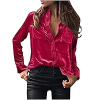 Long Sleeve Solid Elegant Shirt Women Velvet Button Down Blouses Oversized Basic Tunic Going Out Work Tops with Pockets