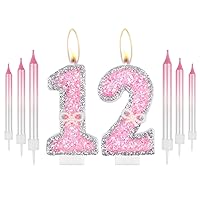 Birthday Candle Pink 12th Candles,Gold Glitter Pink Number Candles with Pearl Bow,Cake Number 12 Birthday Candles for Cake Happy Birthday Cake Topper for Anniversary Party Supplies