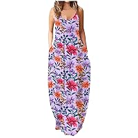 Womens Summer Dress Sexy V Neck Sleeveless Backless Sundress with Pockets Retro Aztec Print Strap Loose Maxi Dresses
