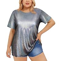 RITERA Womens Plus Size Shimmery Tops Casual Metallic Short Sleeve Round Neck Sequin Tops Silver T Shirts Dressy 4XL 26W
