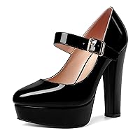 Womens Slip On Adjustable Strap Patent Party Platform Sexy Round Toe Block High Heel Pumps Shoes 5 Inch