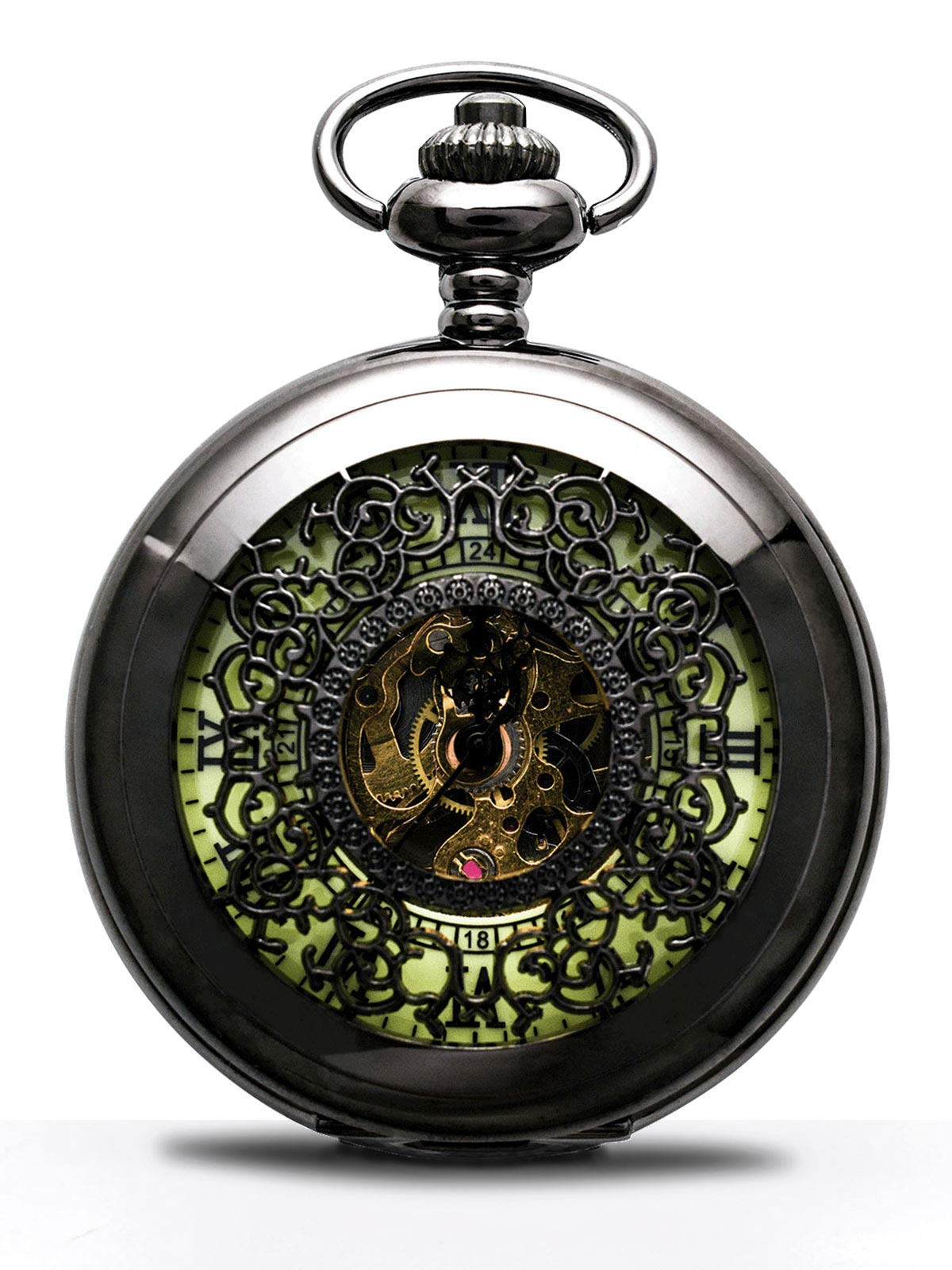 BOSHIYA Vintage Mechanical Pocket Watches for Men Luminous Steampunk Pocket Watch with Chain Black Skeleton Dial Roman Numberals Pocketwatch Gifts for Fathers Day