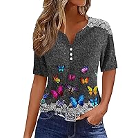 Tops for Women Trendy T Shirt Print Button Short Sleeve Daily Weekend Fashion Basic V-Neck Regular Top