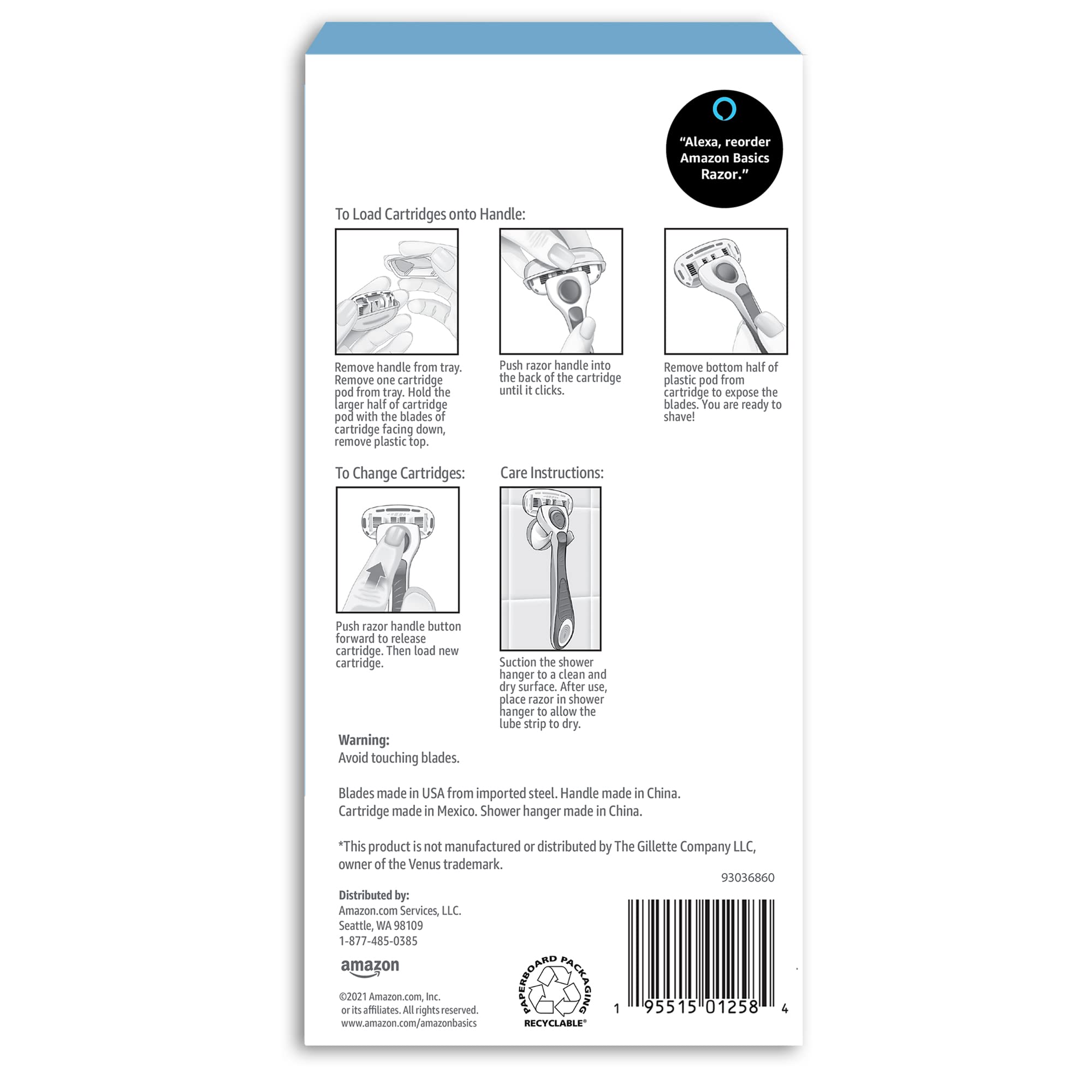 Amazon Basics 5-Blade Razor for Women, Handle, 12 Cartridges & Shower Hanger, Cartridges Fit Amazon Basics Razor Handles only, 14 Piece Set, Blue (Previously Solimo)