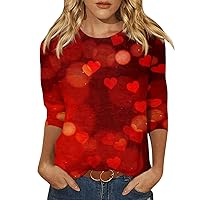 3/4 Sleeve Tops for Women Sexy Love Heart Print Valentine's Day Shirts Trendy Crewneck Going Out Tee Blouses