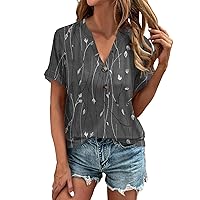 Home Short Sleeve Summer Tunic Womens Plus Size Nice Button Front Printed Shirts Ladies V Neck Polyester Grey XXL
