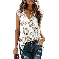 Women's V Neck Lace Tank Tops Summer Casual Sleeveless Shirts Tops Side Split