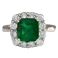 3.15 Carat Natural Green Emerald and Diamond (F-G Color, VS1-VS2 Clarity) 14K White Gold Engagement Ring for Women Exclusively Handcrafted in USA
