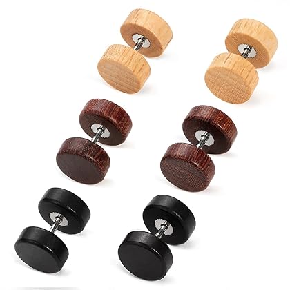 Charisma 16G Wood Faux Gauges Plugs Earrings For Men Women Wooden Fake plugs Gauge Studs Circle Flat Back Cheater Tunnel Dumbbell Earrings Women (3 Pairs,8mm,10mm)