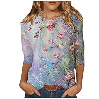 Summer Crew Neck 3/4 Sleeve Womens Tops Loose Casual Tunic T-Shirt 2024 Trendy Pullover Tees Plus Size Shirts