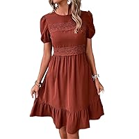 Dresses for Women - Guipure Lace Insert Puff Sleeve Ruffle Hem Dress
