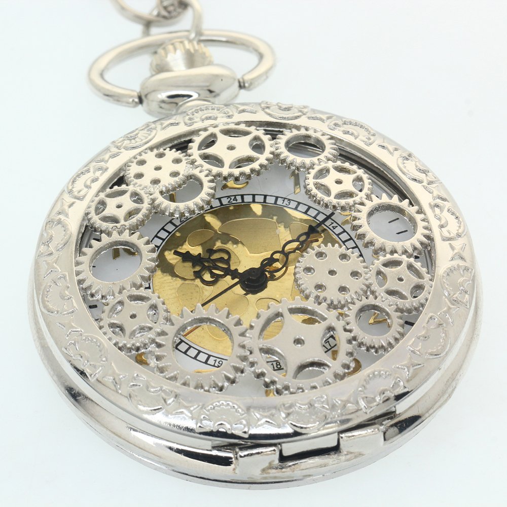 Silver Vintage Antique Case Pocket Watch Fob Watch for Men Women Girls Boys Gifting Occasion with 1 PC Necklace Chain 1 PC Clip Key Rib Chain