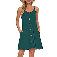 WNEEDU Women's Summer Spaghetti Strap Button Down V Neck Casual Beach Cover Up Dress with Pockets