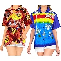 LA LEELA Women's Beach Hawaiian Blouse Shirt for Girls Short Sleeves L Work from Home Clothes Women Blouse Pack of 2